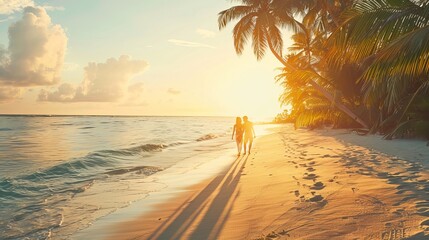 Couple strolls along a sandy beach, enjoying the morning sun in the Maldives.