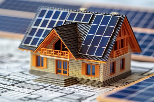 Blue print of smart home with solar panels rooftop system for renewable energy concepts as wide banner with copy space area