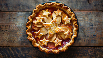 A homemade apple pie with a star-spangled crust symbolizing 4th of July celebrations. - obrazy, fototapety, plakaty