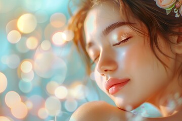 Close up of a beautiful young woman relaxing on massage spa treatment on blurred bright salon background with copy space