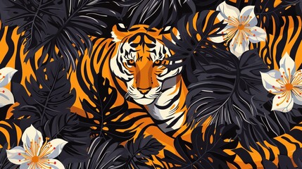 Cartoon tiger skin pattern with black flower, in a vector design for wrapping paper, textile printing, or clothing factory use.