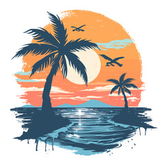 Fototapeta na wymiar Palm tree on the beach at sunset. Hand drawn vector illustration.