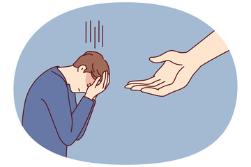 Crying man covers face with hands bowing head while standing near giant palm hanging from sky. Concept help from Lord for religious person who is in trouble and has lost hope. Flat vector image