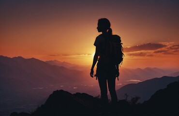 silhouette of female hiker standing at the top of a mountain during sunset - success and perseverance - obrazy, fototapety, plakaty