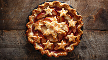 A homemade apple pie with a star-spangled crust symbolizing 4th of July celebrations.