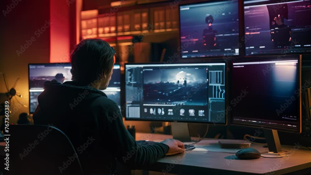 Poster a man sits at a desk with multiple computer monitors in front of him, the editor is editing the vide