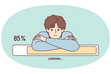 Bored man leaning on progress line loading waiting to download movie from internet. Guy put head in hands and patiently waits for completion of installation of game or software. Flat vector design