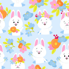 Obraz na płótnie Canvas Spring seamless pattern of Easter bunnies and flowers on a blue background