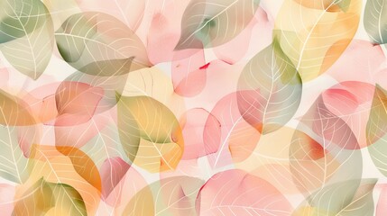 Fototapeta na wymiar Delicate floral design with overlapping leaves in pastel hues of pink, green, and yellow. Abstract leaf pattern suitable for textiles or prints.