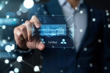 A Businessman holding Certified business documents on virtual screen . International standard certification of product.