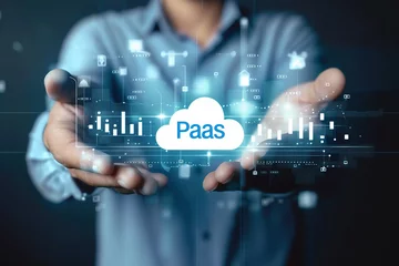 Foto op Aluminium A man in a business suit holding a cloud with the word PAAS inside, symbolizing Platform as a Service analysis. © Nedrofly