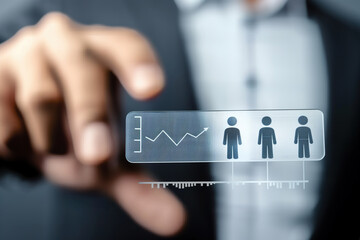A man in a suit examining a button with a diagram on it.