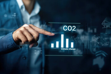 Fototapeta na wymiar Climate change to limit global warming and sustainable development and green business. Businessman touching carbon reduction icon on virtual screen