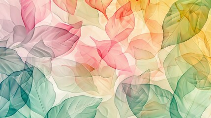 Delicate floral design with overlapping leaves in pastel hues of pink, green, and yellow. Abstract leaf pattern suitable for textiles or prints.