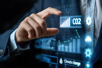 Climate change to limit global warming and sustainable development and green business. Businessman touching carbon reduction icon on virtual screen - obrazy, fototapety, plakaty