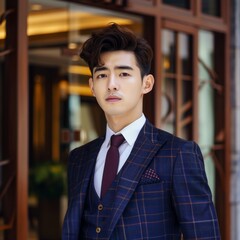 Asian man in a suit and tie stands confidently in front of a modern building in an urban setting