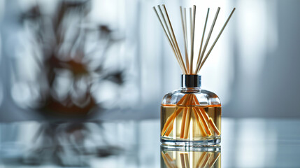 A luxurious scented diffuser with reed sticks on a reflective white surface. - obrazy, fototapety, plakaty