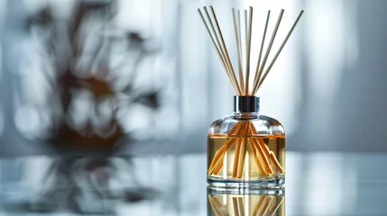 Foto op Canvas A luxurious scented diffuser with reed sticks on a reflective white surface. © Hans