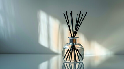 A luxurious scented diffuser with reed sticks on a reflective white surface. - obrazy, fototapety, plakaty