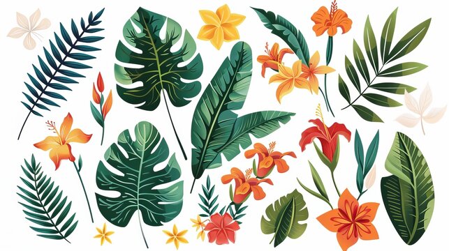 Exotic tropical illustrations for design projects. Includes flowers, palm leaves, and other jungle foliage. Perfect for creating Hawaiian-themed designs for cards, weddings, or wallpapers.