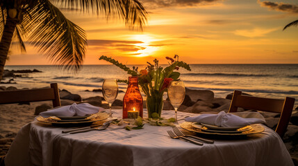 sunset on the beach, A beachside table set for a special celebration, whether it’s a wedding...