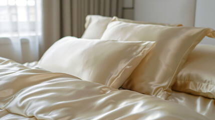 A luxurious silk bedding set on a white background.