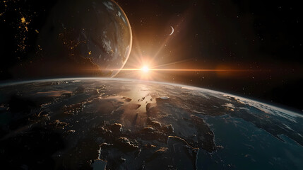 A view of Earth from space with the sun rising on one side and the moon - obrazy, fototapety, plakaty