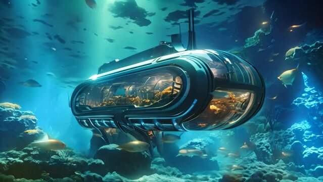 Submarine in Ocean Surrounded by Fish, Underwater Encounter With Marine Life, The submarine of the future will be underwater next to coral reefs and fish, 6k ultra HD, AI Generated