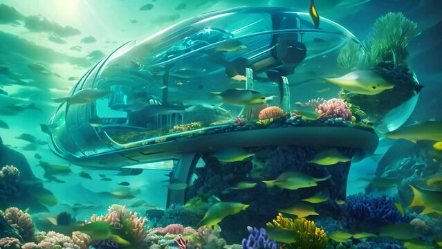 Futuristic Boat Floating on Coral Reef, A Unique Blend of Technology and Nature, The submarine of the future will be underwater next to coral reefs and fish, 6k ultra HD, AI Generated
