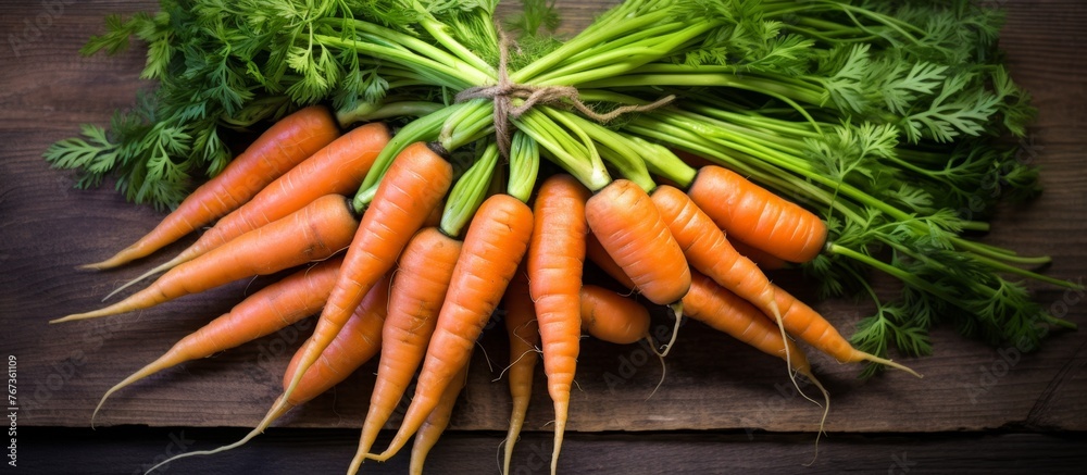 Canvas Prints A bunch of carrots, a root vegetable and staple food, with green leaves sits on a wooden table. These natural foods are a delicious and nutritious plantbased ingredient