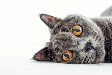 A grey british shortair cat lying down looking at the camera on white background - obrazy, fototapety, plakaty