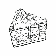 Vector monochrome outline illustration, isolated cartoon piece of cake, frosted and decorated with berries.