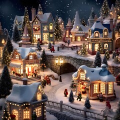 Christmas and New Year miniature town with houses and snow in the night