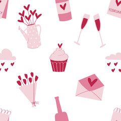 Cute Valentine's Day seamless pattern. Background with pink love elements.