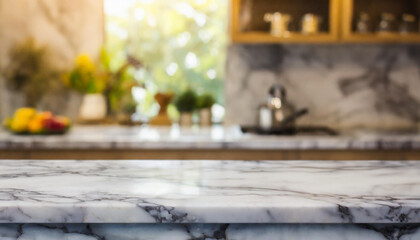 empty marble table top with blurry kitchen background, blank counter for product montage advertising