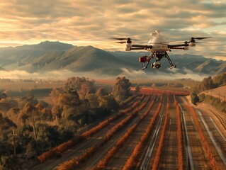 A drone is flying over a field of grapes. The drone is white and black. The sky is cloudy and the sun is setting