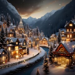 Christmas village in the mountains at night. Christmas and New Year concept.