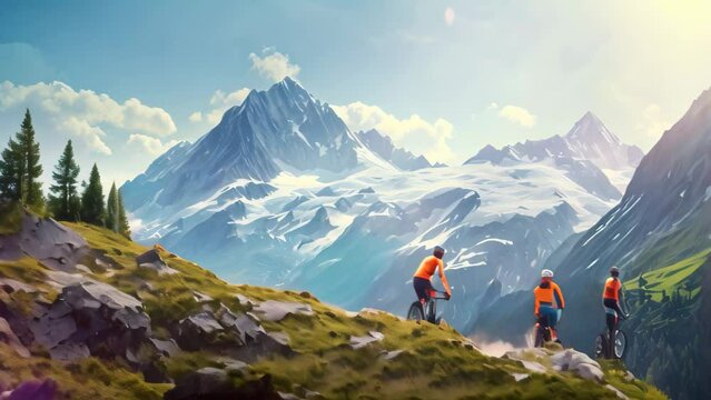 A thrilling sight of a group of people riding bikes atop a majestic mountain peak, Three friends on electric bicycles enjoying a scenic ride through beautiful mountains, AI Generated