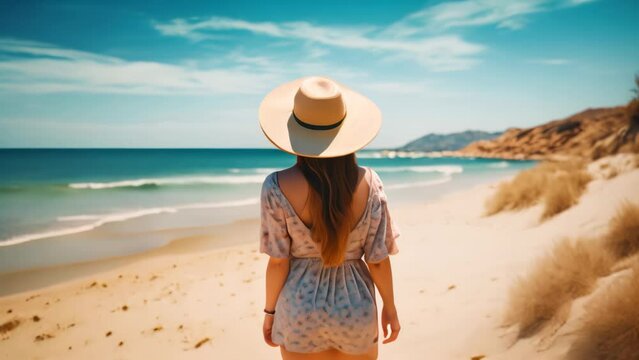 A woman wearing a hat stands serenely on a beautiful sandy beach, enjoying the tranquil oceanside view, tourist woman in summer dress and hat standing on beautiful sandy beach, AI Generated