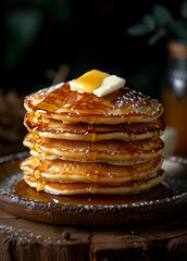 Savory Pancakes with Melted Butter and Maple Syrup Cascade