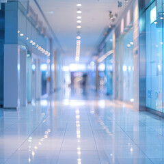 Beautiful light blue blurred background panoramic image of a spacious office or mall hallway