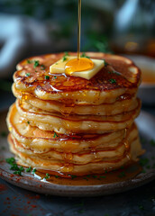 Savory Pancakes with Melted Butter and Maple Syrup Cascade