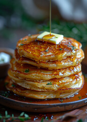Savory Pancakes with Melted Butter and Maple Syrup Cascade