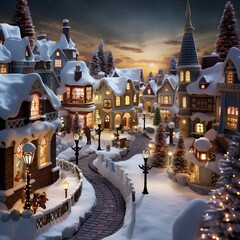 Merry Christmas and Happy New Year. Panoramic view of beautiful winter city at night with snow...