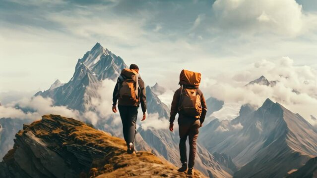 Two individuals carrying backpacks are seen trekking up a mountain slope, Two mountaineers standing on a mountain with large backpacks, AI Generated