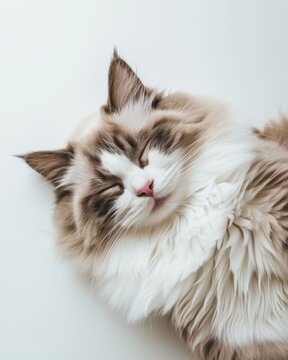 A ragdoll cat feeling comfortable and smiling lying face up on white background