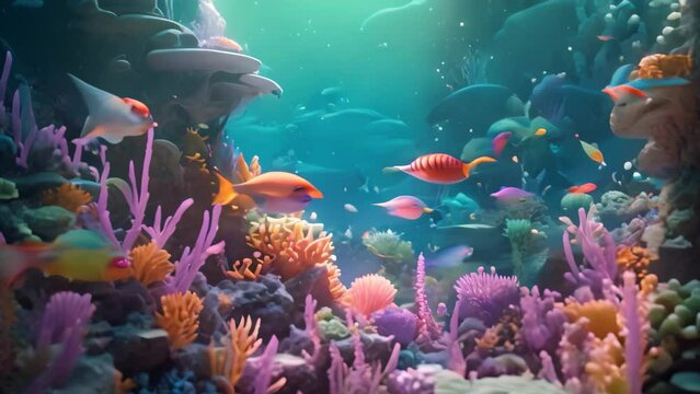 A diverse collection of fish of different species and colors swimming together in a lively aquarium, Underwater world depicted in a fantasy illustration, 3D rendering, AI Generated