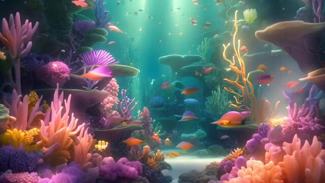 This photo captures a vibrant and lively underwater scene filled with colorful corals and a variety of fish, Underwater world depicted in a fantasy illustration, 3D rendering, AI Generated