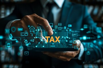 E-tax concept. Businessman touching tax icon to calculate income to pay taxes to the government. Filing online tax return form for payment. Calculation tax return taxes and VAT  - obrazy, fototapety, plakaty