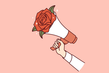 Megaphone with flowers in hands of man, metaphor for peaceful protest and call for pacifism. Flowers with bullhorn to advertise flower delivery and promote bouquet assembly services in florist shop